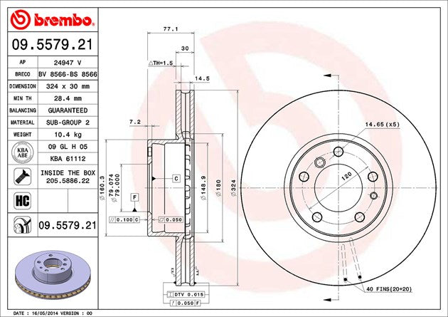 Product of Brembo 09557921C02 Vented 1 Piece Brake Rotor
