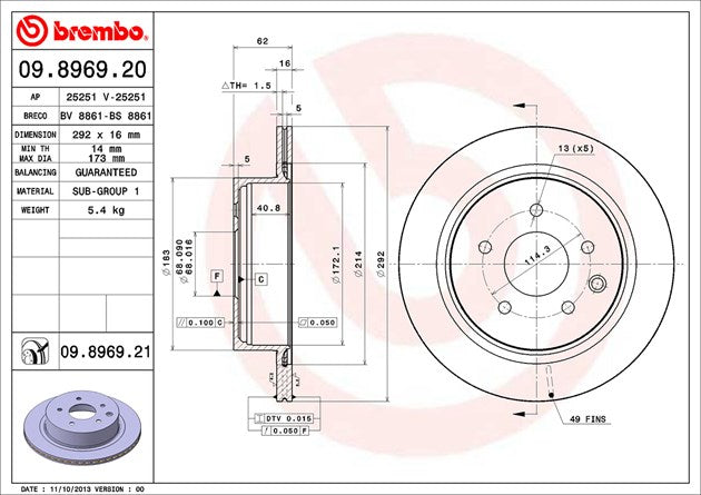 Product of Brembo 09896921C02 Vented 1 Piece Brake Rotor