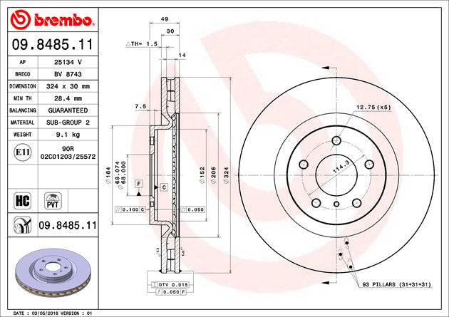 Product of Brembo 09848511C02 Vented 1 Piece Brake Rotor
