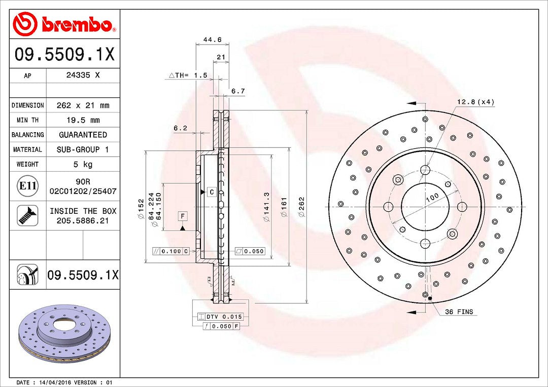 Product of Brembo 0955091XC02 Xtra Vented Cross Drilled 1 Piece Brake Rotor