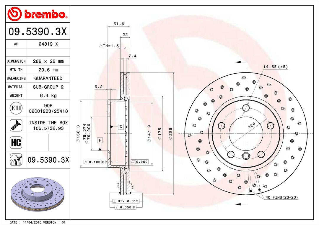 Product of Brembo 0953903XC02 Xtra Vented Cross Drilled 1 Piece Brake Rotor