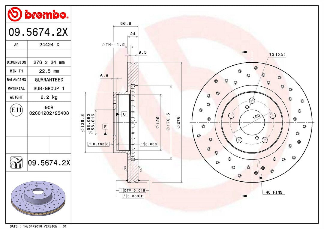 Product of Brembo 0956742XC02 Xtra Vented Cross Drilled 1 Piece Brake Rotor