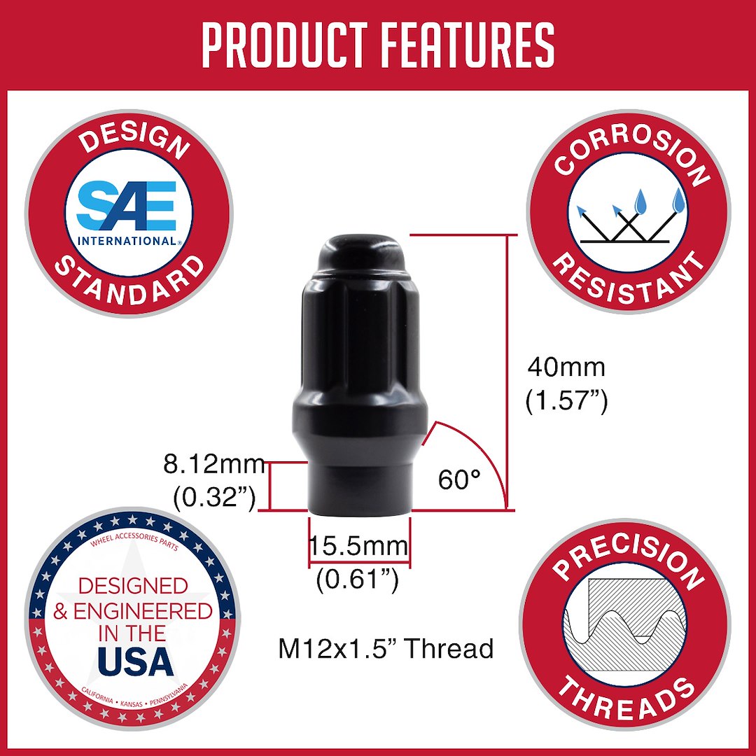 Product of Coyote Wheel Accessories 671145BLK 60 Degree Conical 12x1.5 Lug Nut