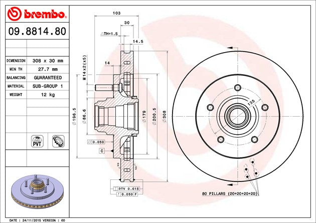 Product of Brembo 09881480C02 Vented 1 Piece Brake Rotor
