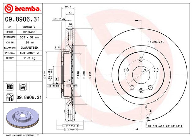Product of Brembo 09890631C02 Vented 1 Piece Brake Rotor