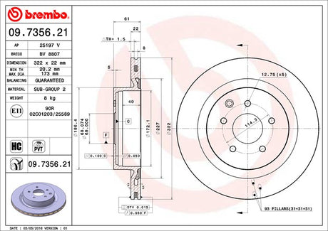 Product of Brembo 09735621C02 Vented 1 Piece Brake Rotor