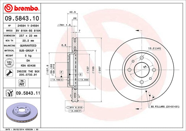 Product of Brembo 09584311C02 Vented 1 Piece Brake Rotor