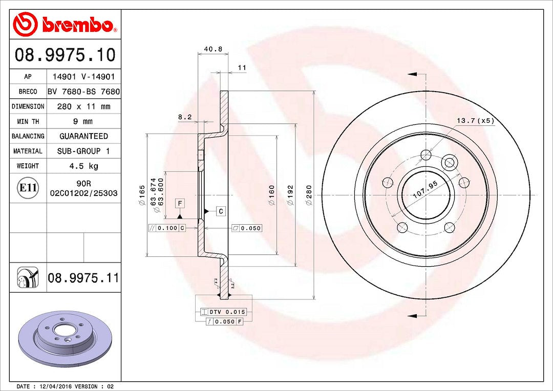 Product of Brembo 08997511C02 Solid 1 Piece Brake Rotor
