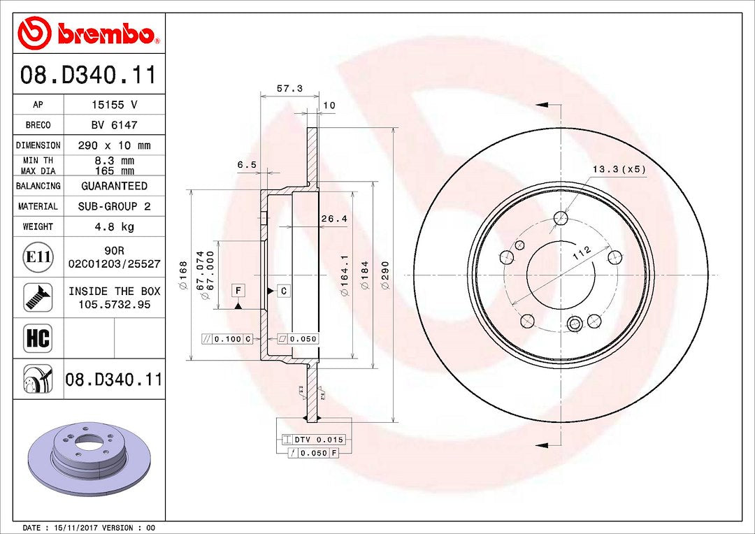 Product of Brembo 08D34011C02 Solid 1 Piece Brake Rotor