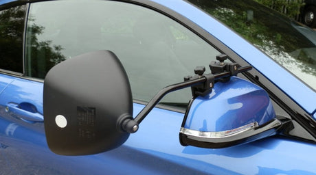 Milenco tow mirror clipped onto a vehicle's side mirror