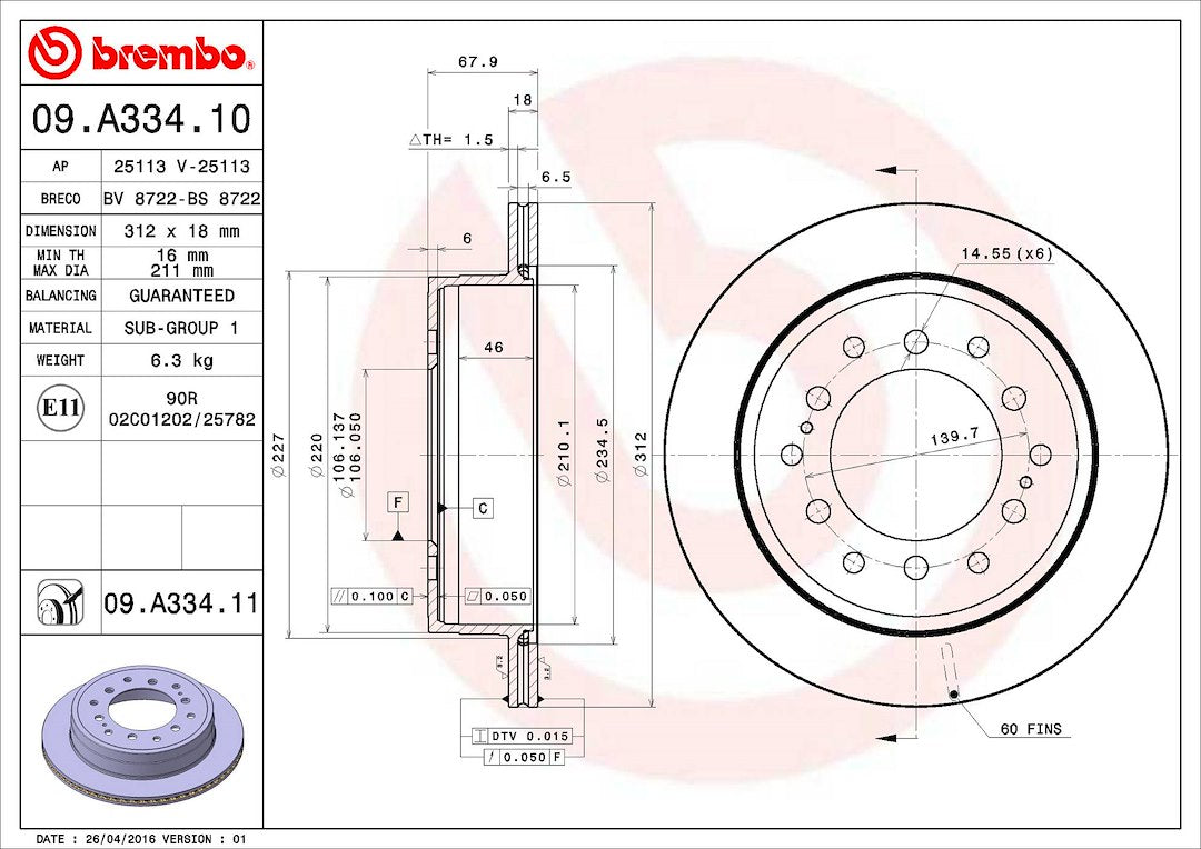 Product of Brembo 09A33411C02 Vented 1 Piece Brake Rotor 