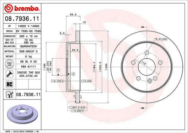 Product of Brembo 08793611C02 Solid 1 Piece Brake Rotor 