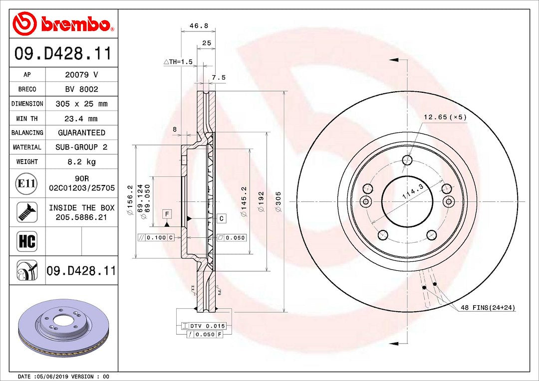 Product of Brembo 09D42811C02 Vented 1 Piece Brake Rotor 