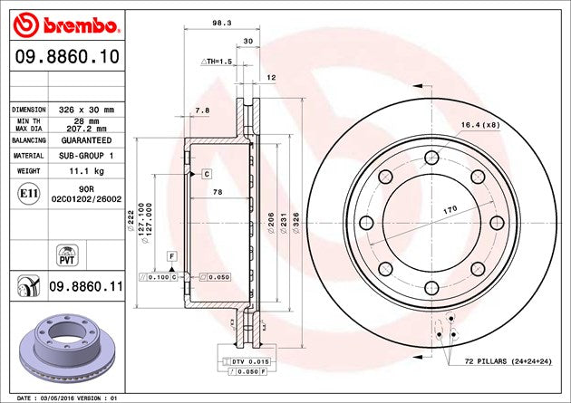 Product of Brembo 09886011C02 Vented 1 Piece Brake Rotor 