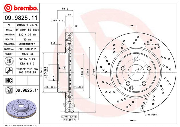 Product of Brembo 09982511C02 Vented Cross Drilled 1 Piece Brake Rotor 