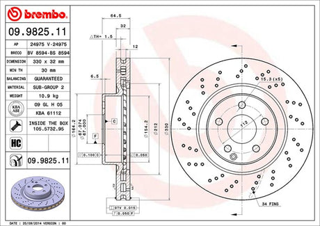 Product of Brembo 09982511C02 Vented Cross Drilled 1 Piece Brake Rotor 