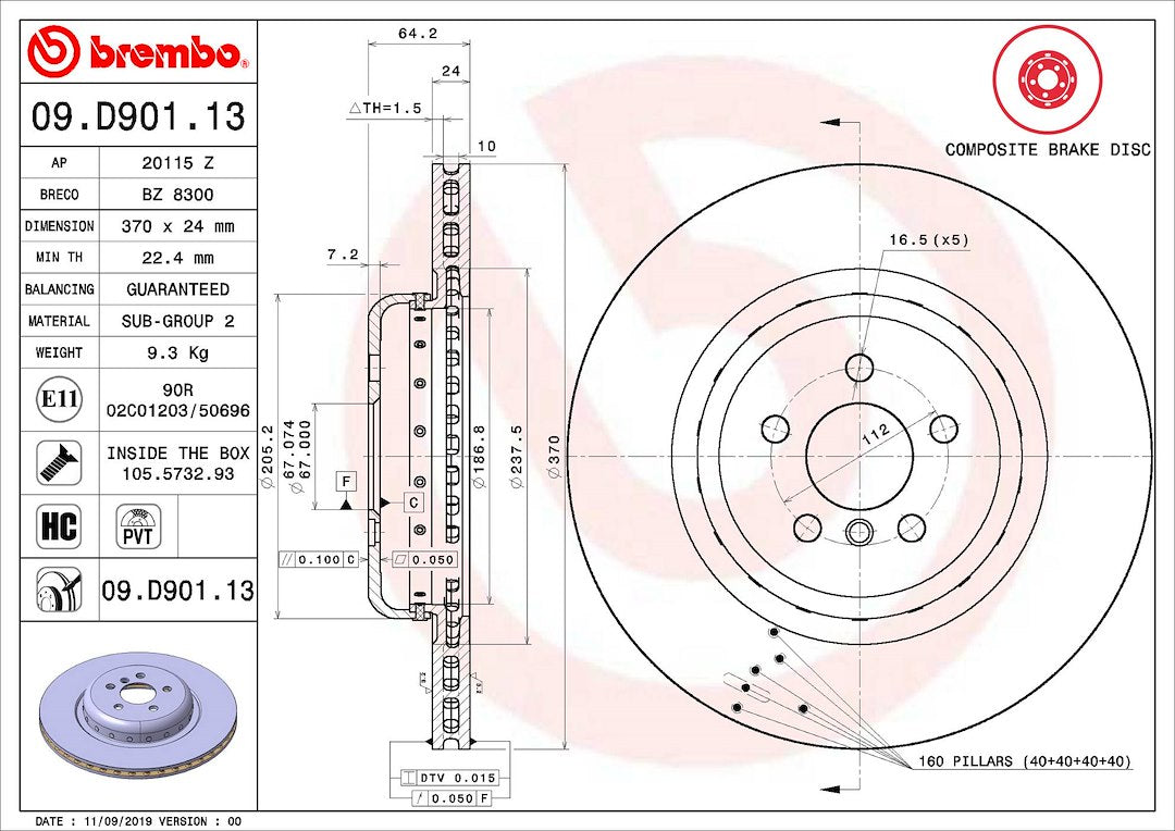 Product of Brembo 09D90113C02 Vented 1 Piece Brake Rotor 