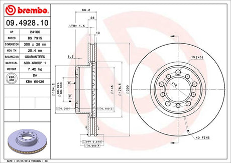 Product of Brembo 09492810C02 Vented 1 Piece Brake Rotor 