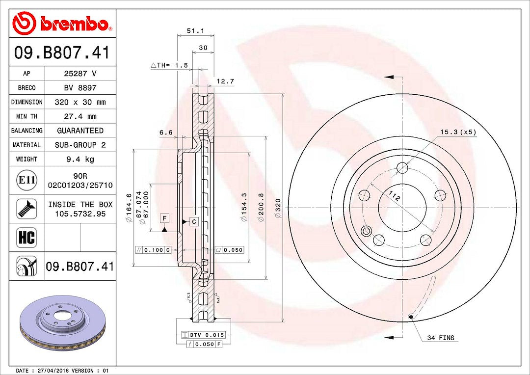 Product of Brembo 09B80741C02 Vented 1 Piece Brake Rotor 