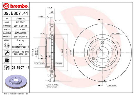 Product of Brembo 09B80741C02 Vented 1 Piece Brake Rotor 