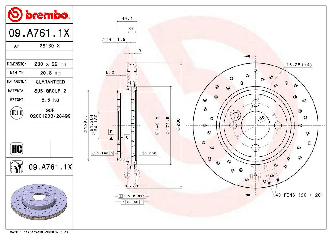 Product of Brembo 09A7611XC02 Xtra Vented Cross Drilled 1 Piece Brake Rotor 