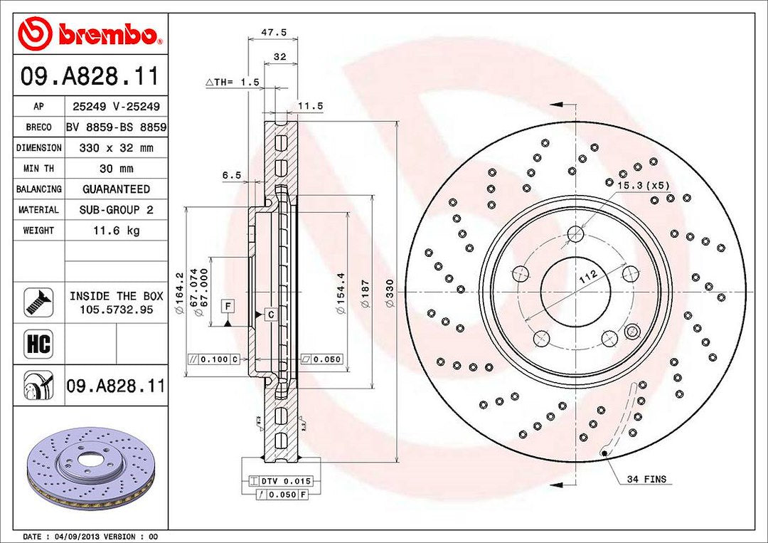 Product of Brembo 09A82811C02 Vented Cross Drilled 1 Piece Brake Rotor 