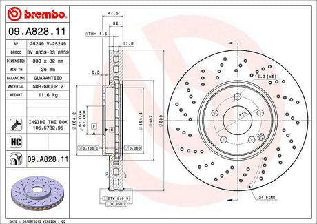 Product of Brembo 09A82811C02 Vented Cross Drilled 1 Piece Brake Rotor 