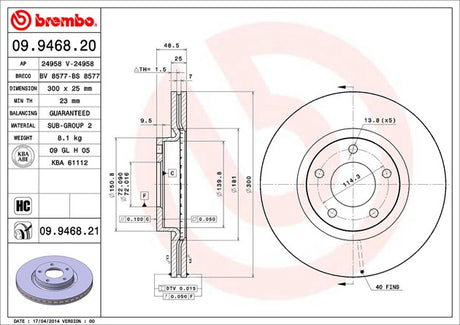 Product of Brembo 09946821C02 Vented 1 Piece Brake Rotor 