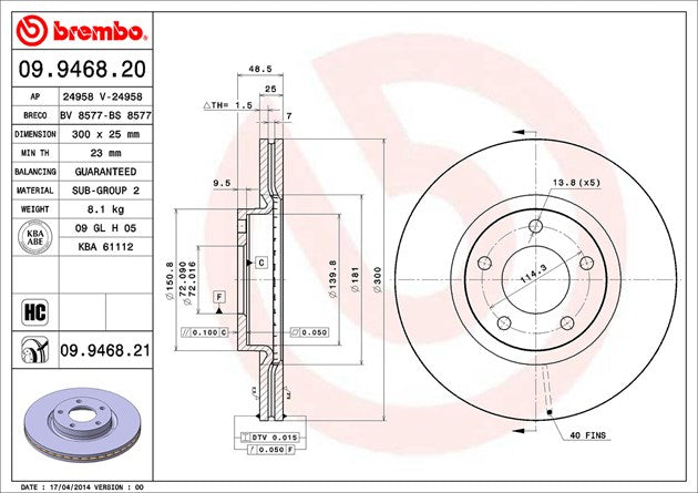 Product of Brembo 09946821C02 Vented 1 Piece Brake Rotor 