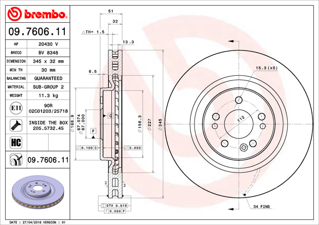 Product of Brembo 09760611C02 Vented 1 Piece Brake Rotor 