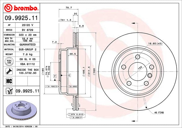 Product of Brembo 09992511C02 Vented 1 Piece Brake Rotor 