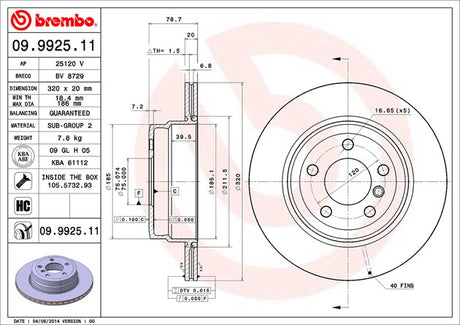 Product of Brembo 09992511C02 Vented 1 Piece Brake Rotor 