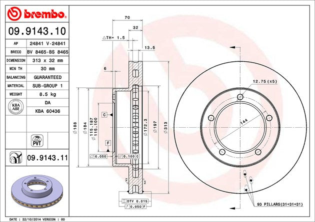Product of Brembo 09914311C02 Vented 1 Piece Brake Rotor 