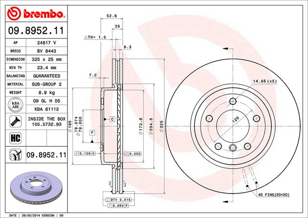Product of Brembo 09895211C02 Vented 1 Piece Brake Rotor 