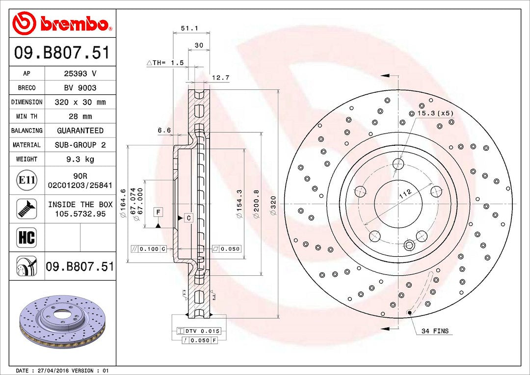 Product of Brembo 09B80751C02 Vented Cross Drilled 1 Piece Brake Rotor 