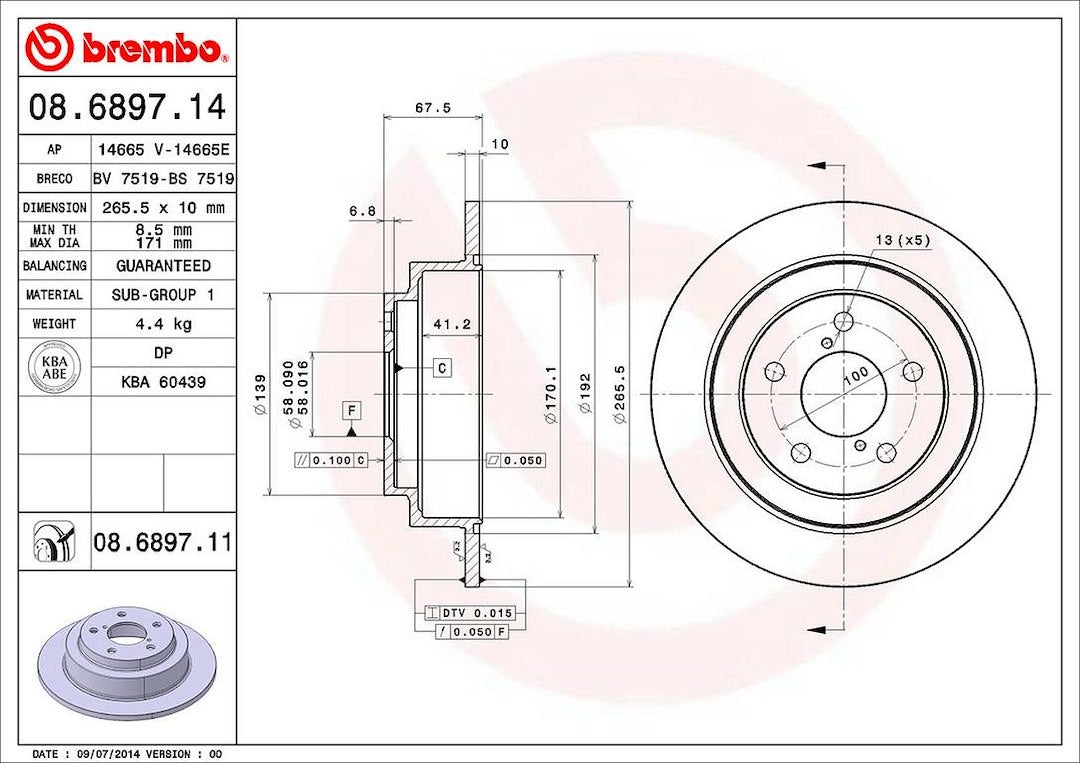 Product of Brembo 08689711C02 Solid 1 Piece Brake Rotor 