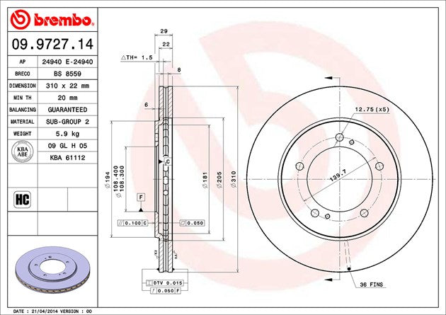 Product of Brembo 09972714C02 Vented 1 Piece Brake Rotor 