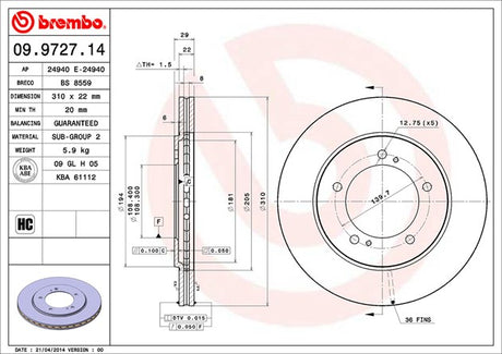Product of Brembo 09972714C02 Vented 1 Piece Brake Rotor 