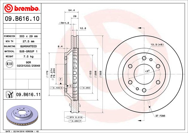 Product of Brembo 09B61611C02 Vented 1 Piece Brake Rotor 