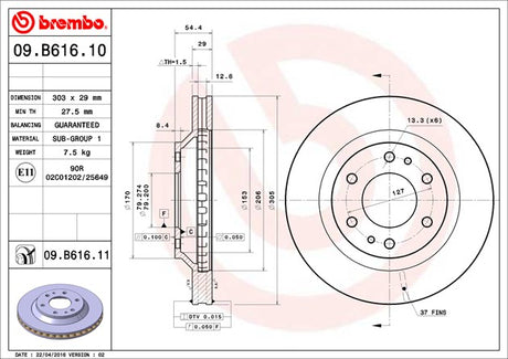 Product of Brembo 09B61611C02 Vented 1 Piece Brake Rotor 