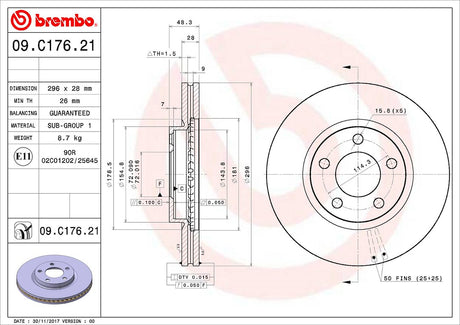 Product of Brembo 09C17621C02 Vented 1 Piece Brake Rotor 