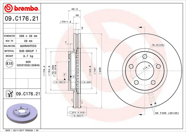 Product of Brembo 09C17621C02 Vented 1 Piece Brake Rotor 