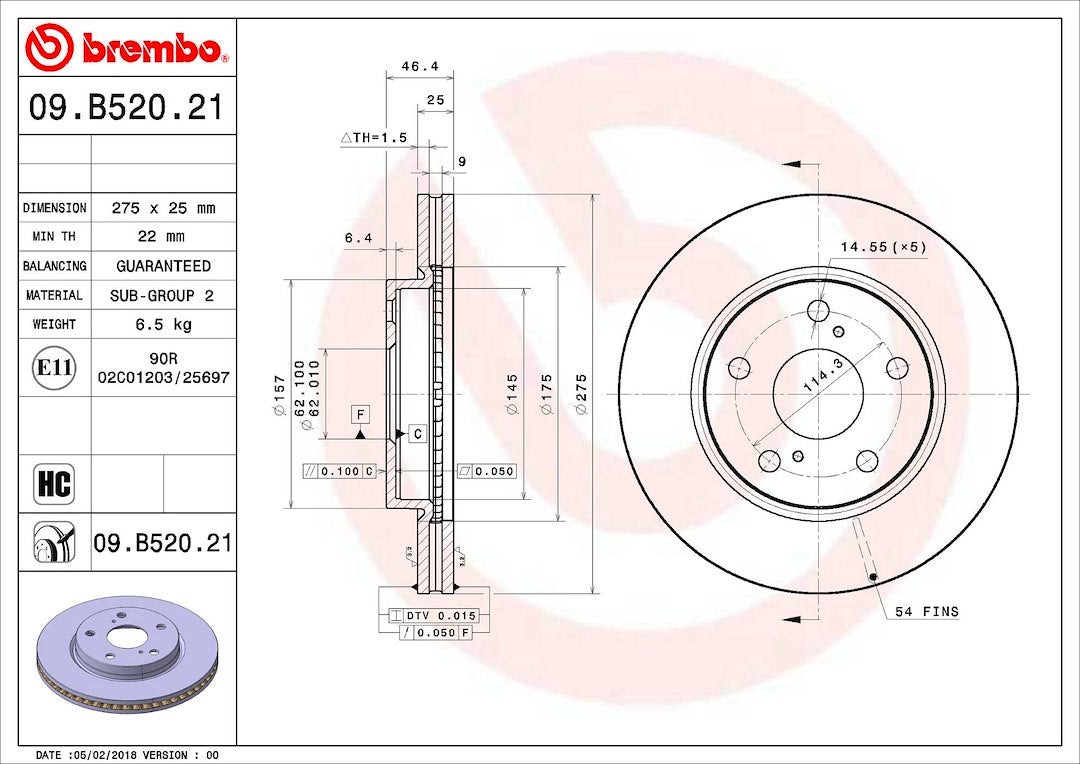 Product of Brembo 09B52021C02 Vented 1 Piece Brake Rotor 