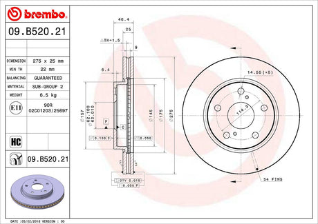 Product of Brembo 09B52021C02 Vented 1 Piece Brake Rotor 