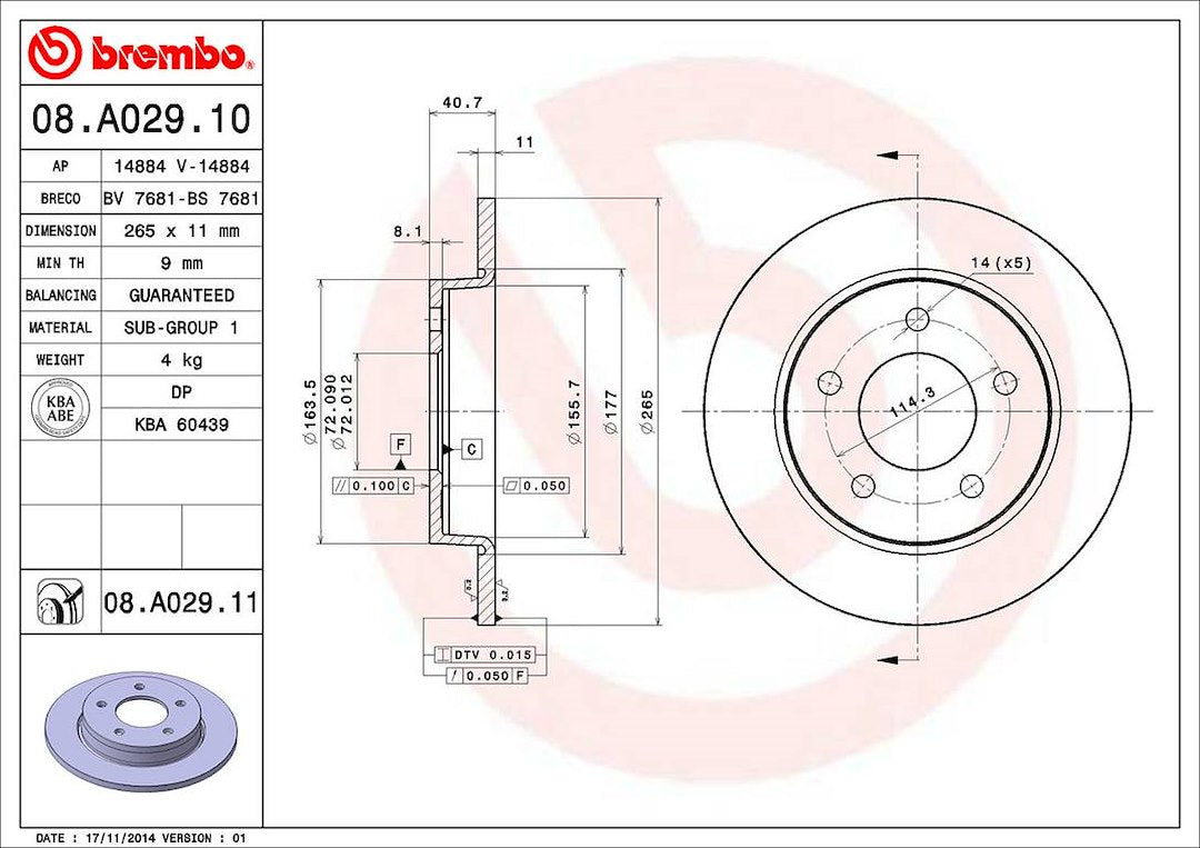 Product of Brembo 08A02911C02 Solid 1 Piece Brake Rotor 