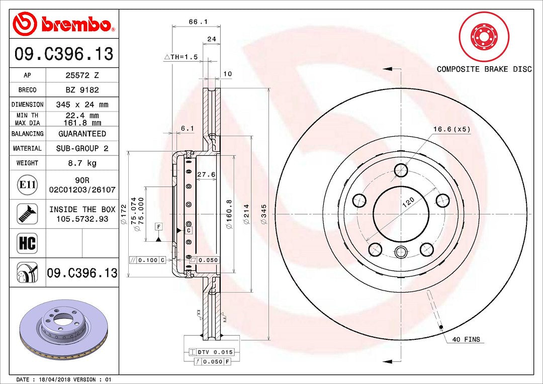 Product of Brembo 09C39613C02 Vented 1 Piece Brake Rotor 