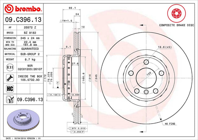 Product of Brembo 09C39613C02 Vented 1 Piece Brake Rotor 