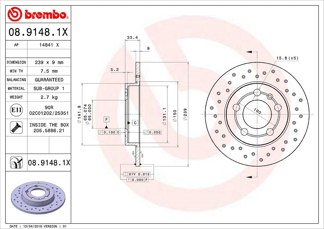 Product of Brembo 0891481XC02 Xtra Solid Cross Drilled 1 Piece Brake Rotor 