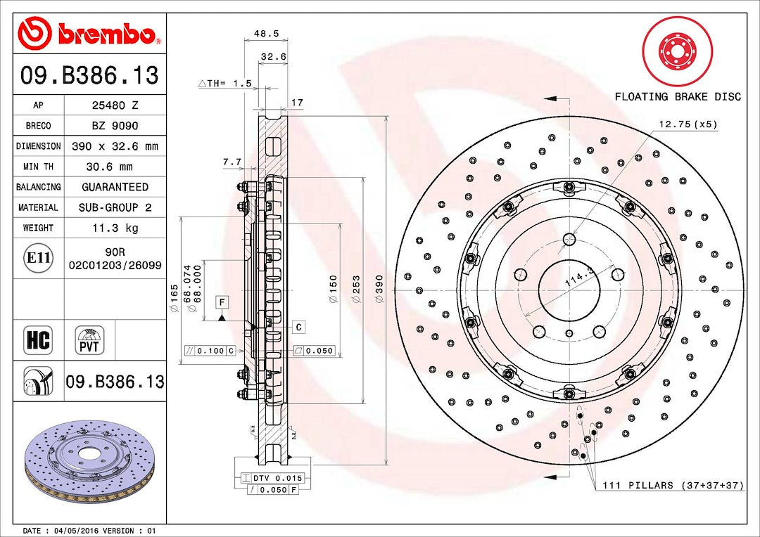 Product of Brembo 09B38613C02 Vented Cross Drilled 1 Piece Brake Rotor 