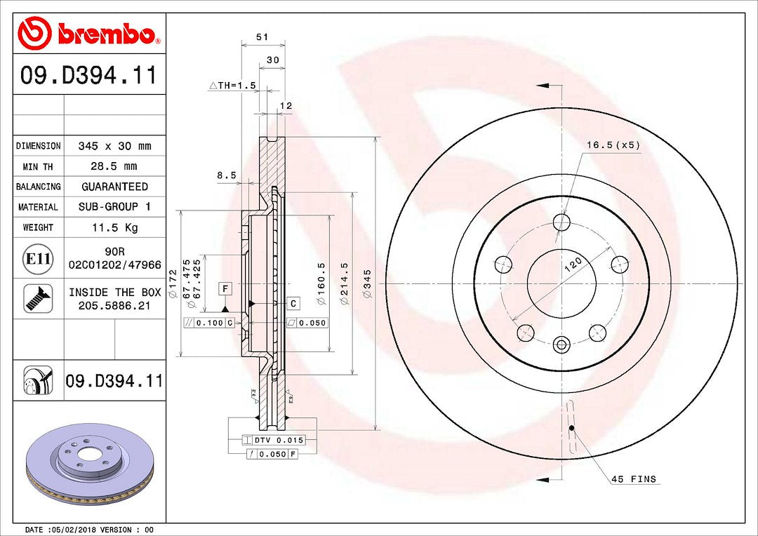 Product of Brembo 09D39411C02 Vented 1 Piece Brake Rotor 
